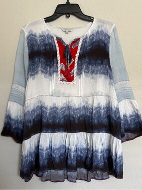 John Mark Blue Ruffle Bell Sleeve Blouse Sz L Tassel Boho Festival Hippie Retro